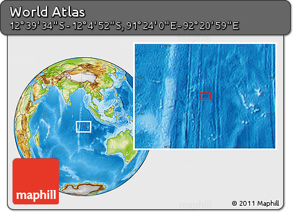 Physical Location Map of the Area around 12° 22' 13" S, 91° 52' 30" E