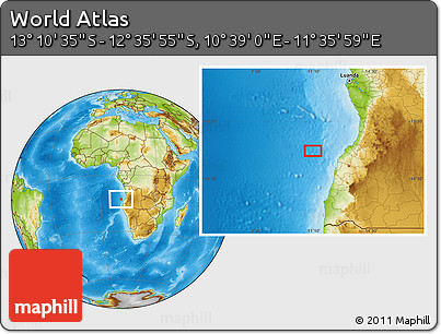 Physical Location Map of the Area around 12° 53' 15" S, 11° 7' 30" E