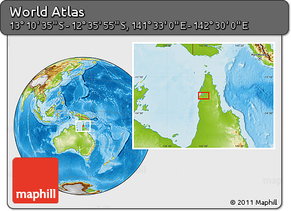 Physical Location Map of the Area around 12° 53' 15" S, 142° 1' 30" E
