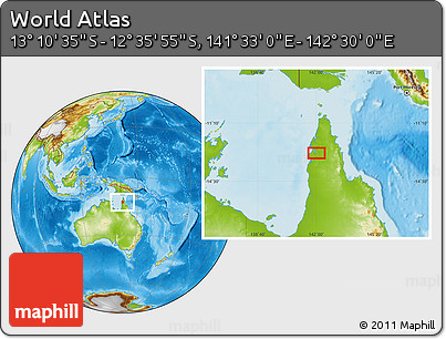 Physical Location Map of the Area around 12° 53' 15" S, 142° 1' 30" E