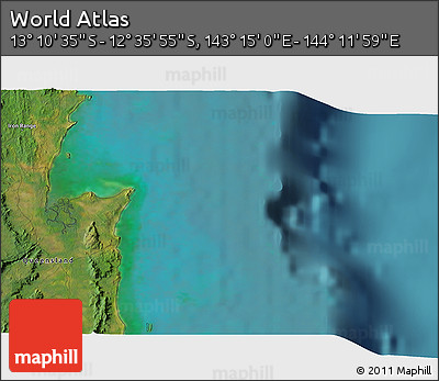 Satellite 3D Map of the Area around 12° 53' 15" S, 143° 43' 29" E