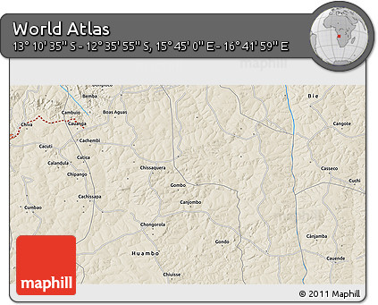 Shaded Relief 3D Map of the Area around 12° 53' 15" S, 16° 13' 30" E