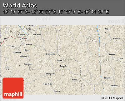 Shaded Relief 3D Map of the Area around 12° 53' 15" S, 16° 13' 30" E