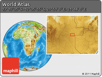 Physical Location Map of the Area around 12° 53' 15" S, 21° 19' 30" E
