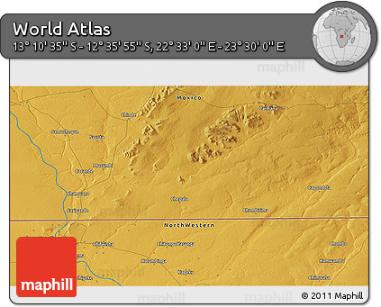 Physical 3D Map of the Area around 12° 53' 15" S, 23° 1' 29" E