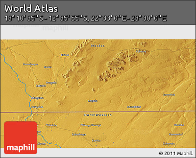 Physical 3D Map of the Area around 12° 53' 15" S, 23° 1' 29" E