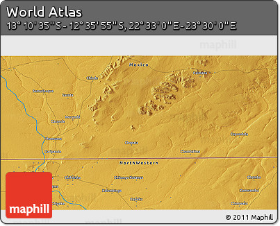 Physical 3D Map of the Area around 12° 53' 15" S, 23° 1' 29" E