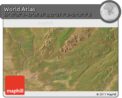Satellite 3D Map of the Area around 12° 53' 15" S, 23° 1' 29" E