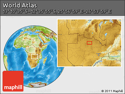 Physical Location Map of the Area around 12° 53' 15" S, 26° 25' 29" E
