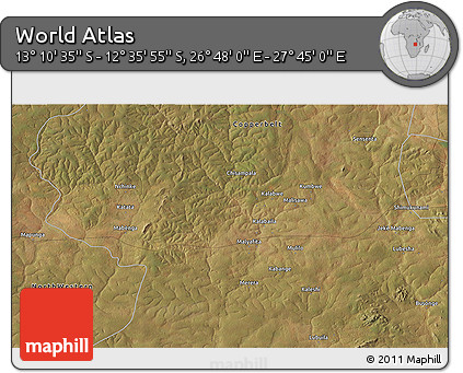 Satellite 3D Map of the Area around 12° 53' 15" S, 27° 16' 29" E