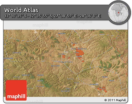 Satellite 3D Map of the Area around 12° 53' 15" S, 28° 7' 30" E