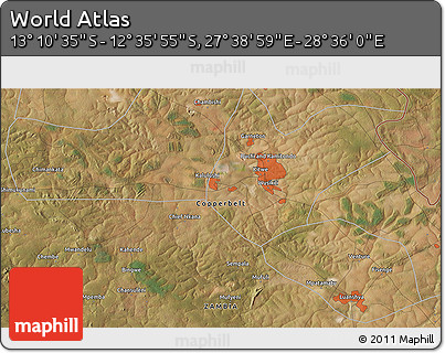 Satellite 3D Map of the Area around 12° 53' 15" S, 28° 7' 30" E