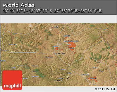 Satellite 3D Map of the Area around 12° 53' 15" S, 28° 7' 30" E