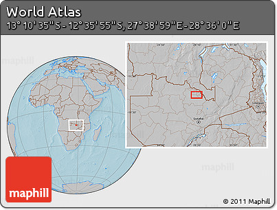 Gray Location Map of the Area around 12° 53' 15" S, 28° 7' 30" E, hill shading