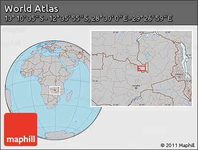 Gray Location Map of the Area around 12° 53' 15" S, 28° 58' 30" E