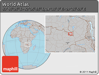 Gray Location Map of the Area around 12° 53' 15" S, 28° 58' 30" E