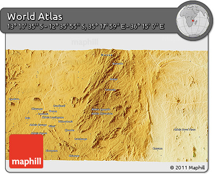 Physical 3D Map of the Area around 12° 53' 15" S, 35° 46' 29" E