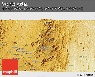 Physical 3D Map of the Area around 12° 53' 15" S, 35° 46' 29" E
