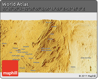 Physical 3D Map of the Area around 12° 53' 15" S, 35° 46' 29" E