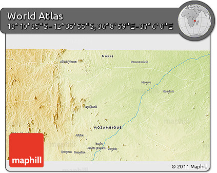 Physical 3D Map of the Area around 12° 53' 15" S, 36° 37' 30" E
