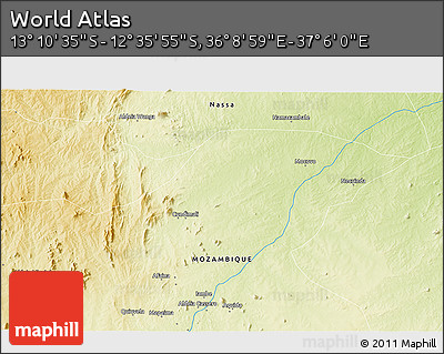Physical 3D Map of the Area around 12° 53' 15" S, 36° 37' 30" E