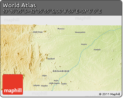 Physical 3D Map of the Area around 12° 53' 15" S, 36° 37' 30" E