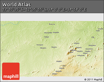 Physical 3D Map of the Area around 12° 53' 15" S, 37° 28' 30" E