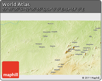 Physical 3D Map of the Area around 12° 53' 15" S, 37° 28' 30" E