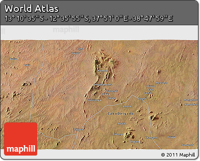 Satellite 3D Map of the Area around 12° 53' 15" S, 38° 19' 30" E