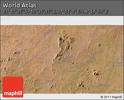 Satellite 3D Map of the Area around 12° 53' 15" S, 38° 19' 30" E