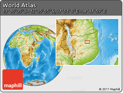 Physical Location Map of the Area around 12° 53' 15" S, 38° 19' 30" E