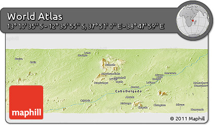 Physical Panoramic Map of the Area around 12° 53' 15" S, 38° 19' 30" E
