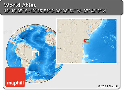 Shaded Relief Location Map of the Area around 12° 53' 15" S, 38° 10' 29" W