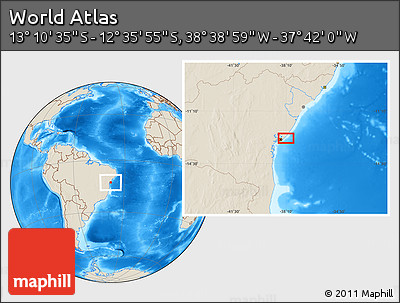Shaded Relief Location Map of the Area around 12° 53' 15" S, 38° 10' 29" W