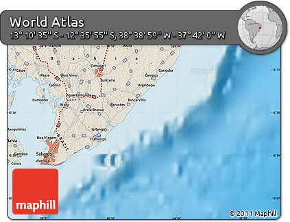 Shaded Relief Map of the Area around 12° 53' 15" S, 38° 10' 29" W