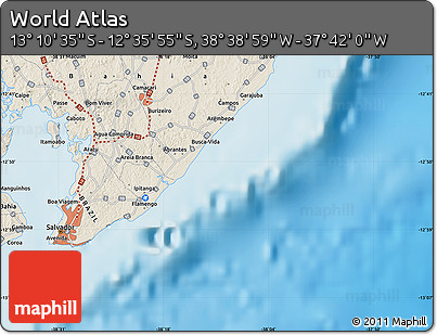 Shaded Relief Map of the Area around 12° 53' 15" S, 38° 10' 29" W
