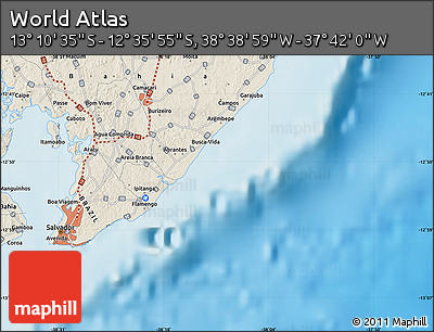 Shaded Relief Map of the Area around 12° 53' 15" S, 38° 10' 29" W