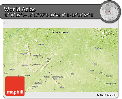 Physical 3D Map of the Area around 12° 53' 15" S, 39° 10' 29" E