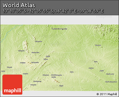 Physical 3D Map of the Area around 12° 53' 15" S, 39° 10' 29" E