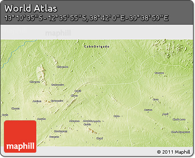 Physical 3D Map of the Area around 12° 53' 15" S, 39° 10' 29" E