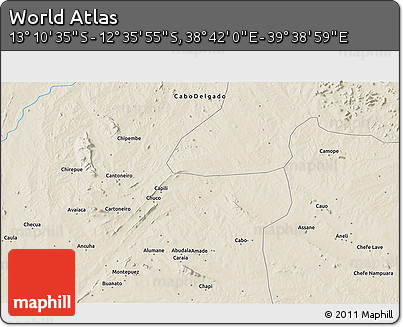 Shaded Relief 3D Map of the Area around 12° 53' 15" S, 39° 10' 29" E