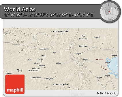 Shaded Relief 3D Map of the Area around 12° 53' 15" S, 40° 1' 29" E