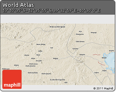 Shaded Relief 3D Map of the Area around 12° 53' 15" S, 40° 1' 29" E