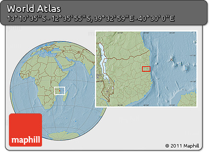 Savanna Style Location Map of the Area around 12° 53' 15" S, 40° 1' 29" E, hill shading