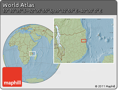 Savanna Style Location Map of the Area around 12° 53' 15" S, 40° 1' 29" E, hill shading