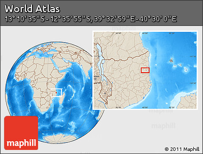 Shaded Relief Location Map of the Area around 12° 53' 15" S, 40° 1' 29" E