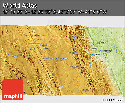 Physical 3D Map of the Area around 12° 53' 15" S, 41° 34' 30" W