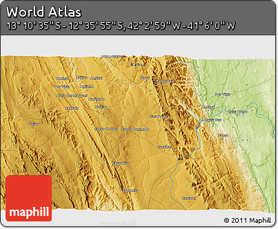 Physical 3D Map of the Area around 12° 53' 15" S, 41° 34' 30" W