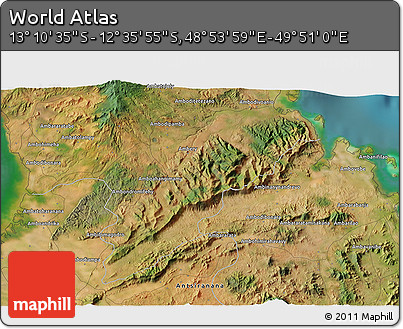 Satellite 3D Map of the Area around 12° 53' 15" S, 49° 22' 30" E