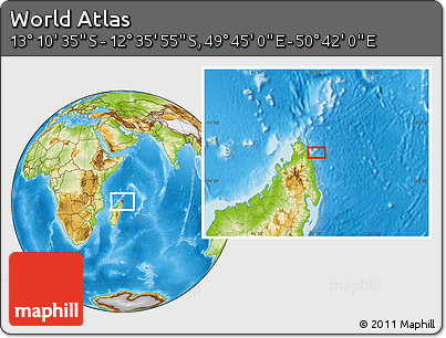Physical Location Map of the Area around 12° 53' 15" S, 50° 13' 30" E